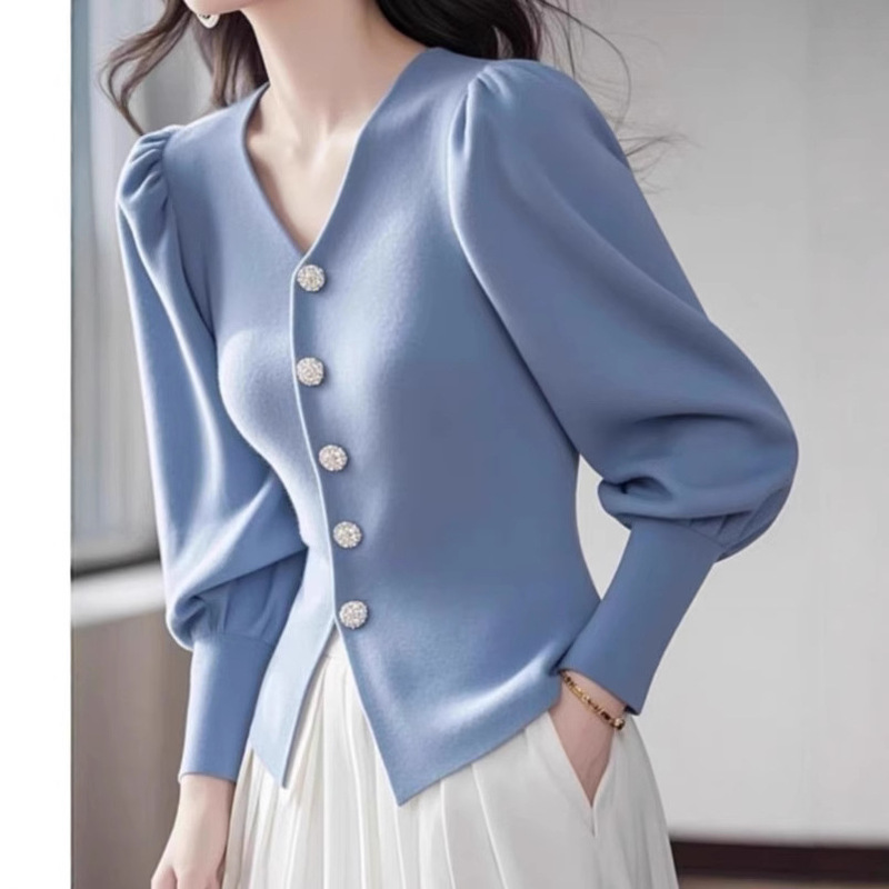 Women's Clothing 2024 Autumn Niche Design Feeling Temperament Beautiful Bubble Sleeve Chanel Style Blue Knitted Shirt Women's Clothing
