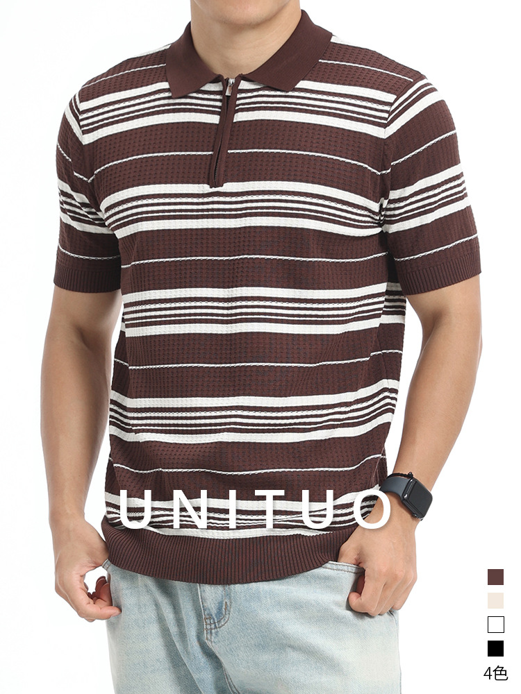 Verano hombre rayas de color contrastante hielo tejedido polo camisa de manga corta semia cremallera solapa textural ligera ropa de hombre de negocios