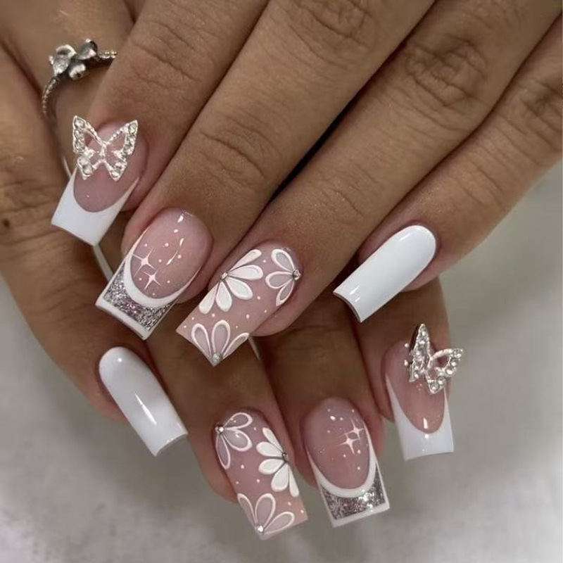 24 Chinese Simple Fashion White Flowers Silver White French 3D Rhinestone Butterfly Design Wearing Nail Patch