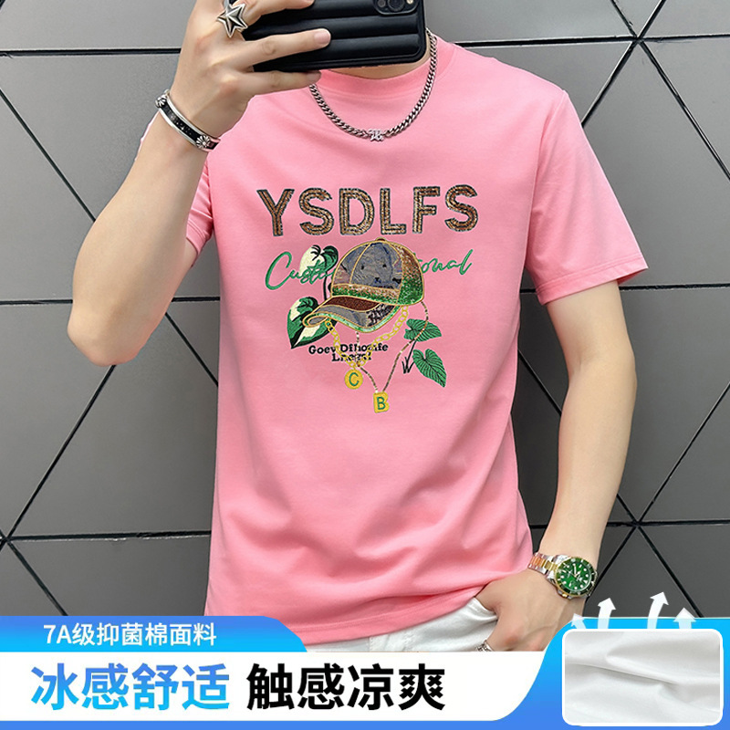High-End Heavy-Duty Sequin Heat-Printed Hat and T-Shirt Men's Short-Sleeve Crew Neck Shirt Summer 2025 New Men's Fashion Trendy T-Shirt High-End Heavy-Duty Sequin Heat-Printed Hat and T-Shirt Men's Short-Sleeve Crew Neck Shirt Summer 2025 New Men's Fashion Trendy T-Shirt