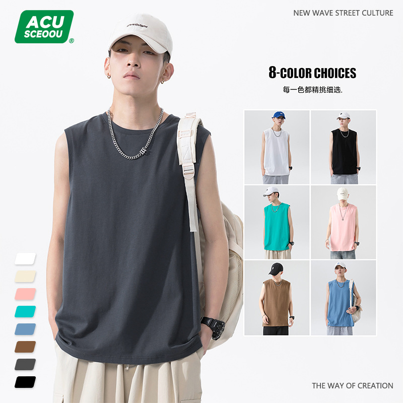 Ropa de hombre ACU | Chaleco de hombre de algodón puro marca de moda sin mangas camiseta de color sólido 2025 verano suelto top de fondo de todo fósforo