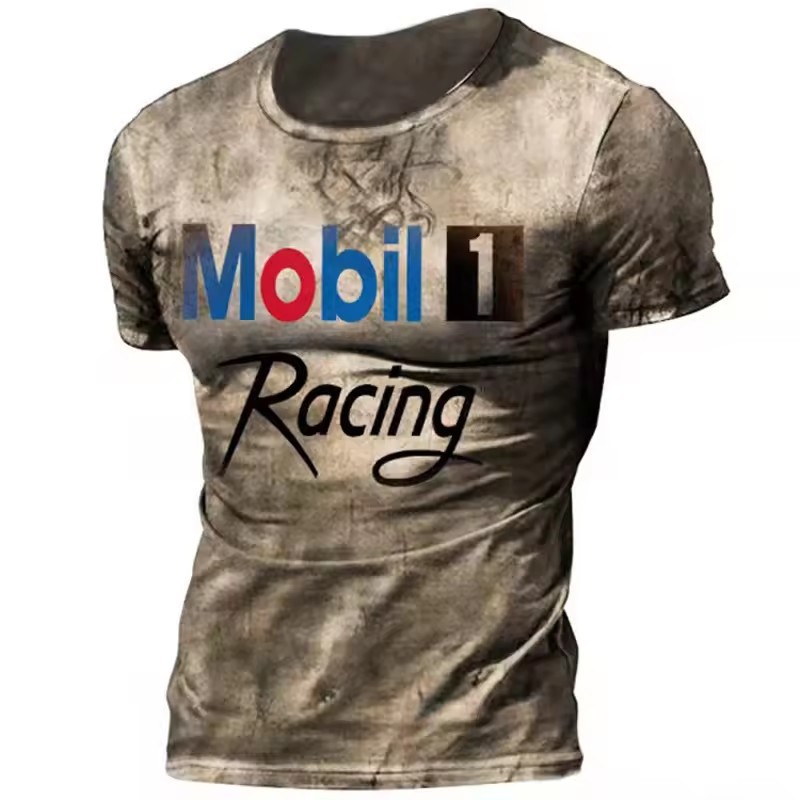 Camiseta de cuello redondo de manga corta transpirable de malla suelta de verano de los hombres con estampado 3D con estampado de lema retro clásico