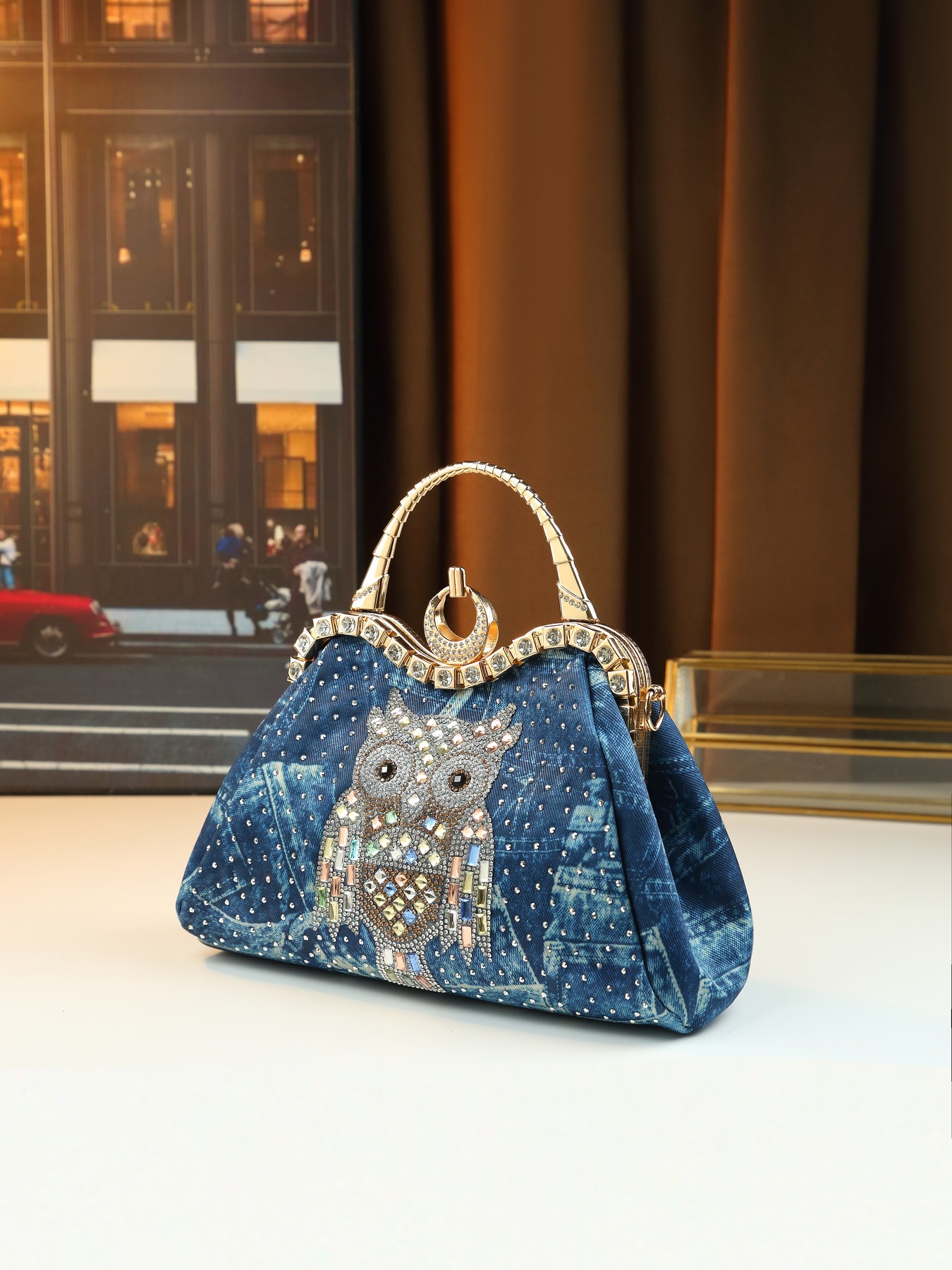 Borsa a tracolla elegante da donna in jeans con strass gufo_voghion.com