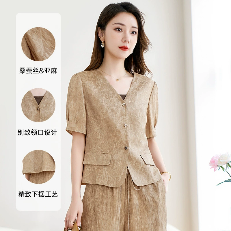 Короткая рубашка из смесового шелка и льна с принтом, повседневная куртка, жилет из шелкового костюма 9792