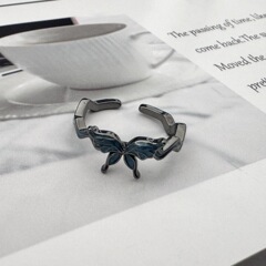 Burnt Blue Butterfly Ring for Women, Punk Style, Unique Design, Personality, Open Finger Ring, Advanced Feeling, Simple Ring, Trendy