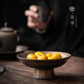 鎏金陶瓷茶点盘复古中式功夫茶具茶道家用客厅茶桌果盘零食盘供盘