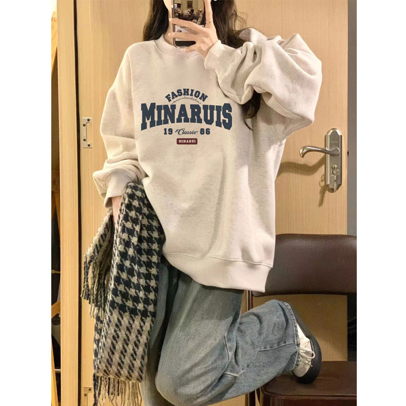 ヨーロッパラウンドネックベルベット厚みのあるフラワーグレースウェットシャツ女性の秋と冬ルーズオーバーサイズ中国風ヘビーコットントップ|undefined