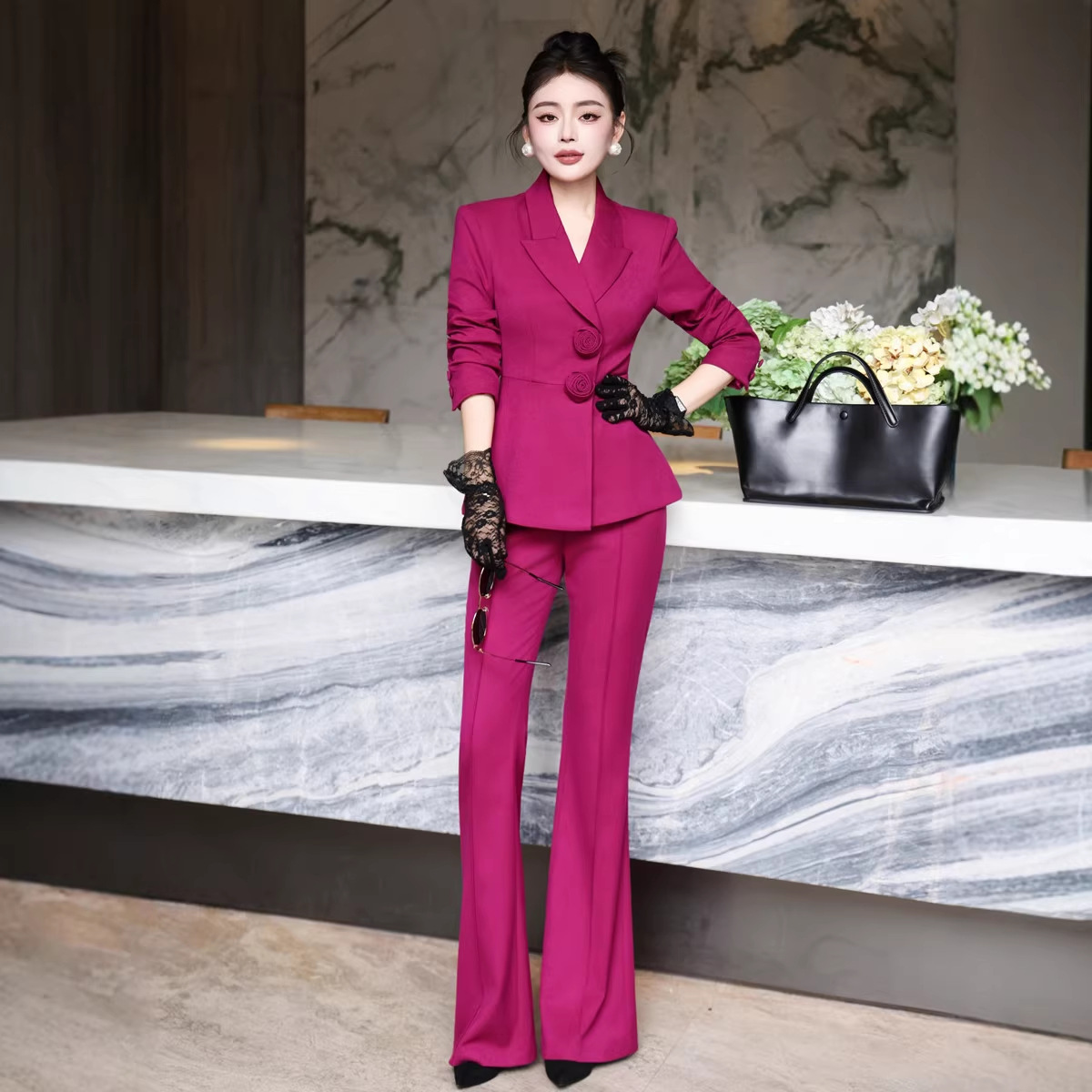 2605 Plus-Size Women's Professional Suit, Slim-Fit Lapel Blazer, Straight-Leg Flared Pants Two-Piece Set for Curvy Women