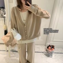 秋季穿搭一整套女宽松慵懒风减龄假两件上衣针织套装阔腿裤两件套