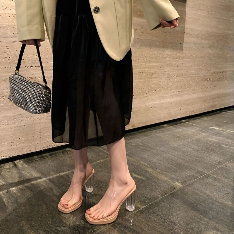Transparent High-Heeled Sandals for Women, New Summer Style, Thick-Soled Waterproof Platform, Thick-Heeled Crystal Slippers for Women to Wear Outside