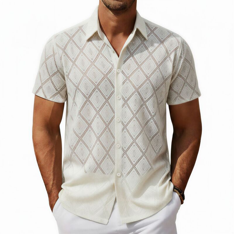 Cross-Border Foreign Trade Men's Hollow-Out Short-Sleeve Casual Shirt, Summer Niche Design Lace Short-Sleeve Shirt for Men A0405 Cross-Border Foreign Trade Men's Hollow-Out Short-Sleeve Casual Shirt, Summer Niche Design Lace Short-Sleeve Shirt for Men A0405