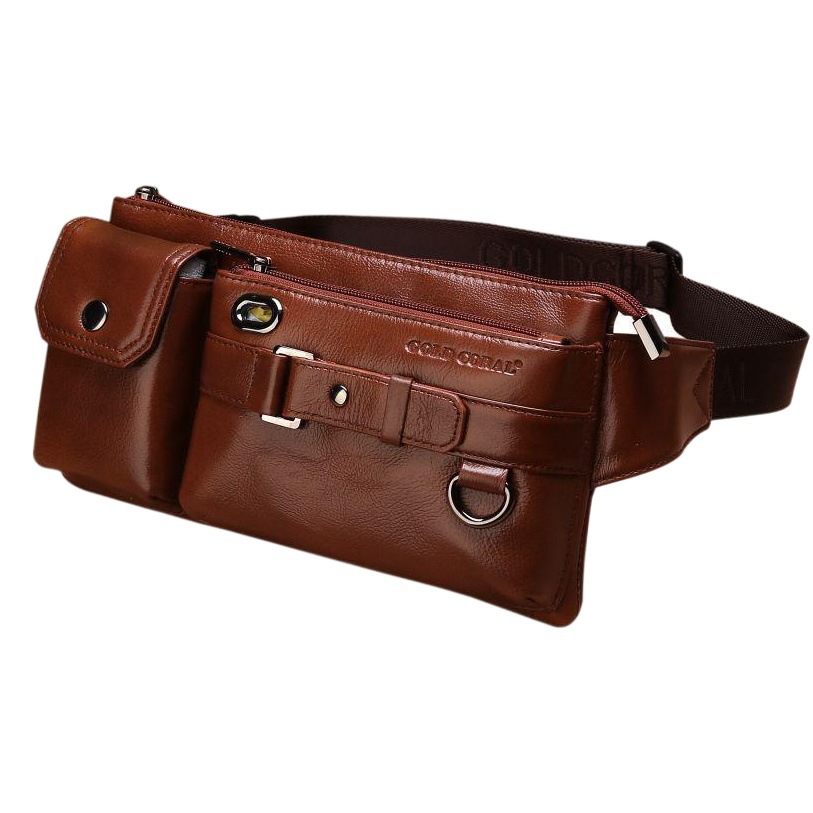 Casual leather waist bag first layer cowhide waist bag men's chest bag sports bag cycling bag men's bag mobile phone Multi-Function bag