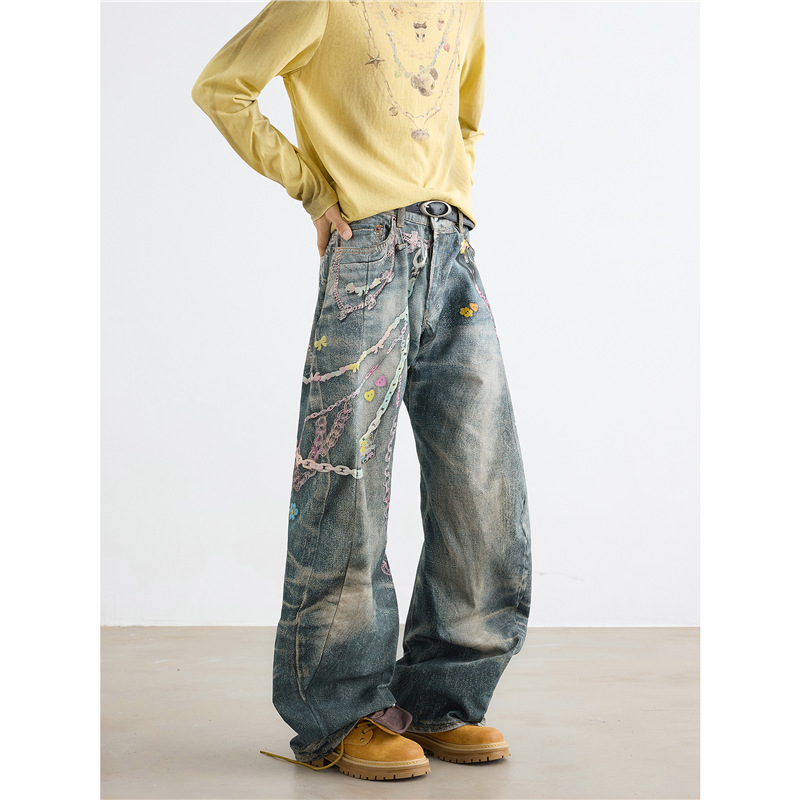Li Wanjun 3D Digital Print Chain Denim Pants Unisex Korean Style High Street Wide-Leg Floor-Length Pants Li Wanjun 3D Digital Print Chain Denim Pants Unisex Korean Style High Street Wide-Leg Floor-Length Pants