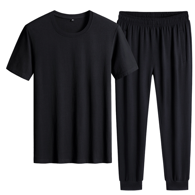 Trajes deportivos de algodón para hombres de verano, camisetas de manga corta delgada de mediana edad, ropa deportiva para correr suelta de dos piezas.