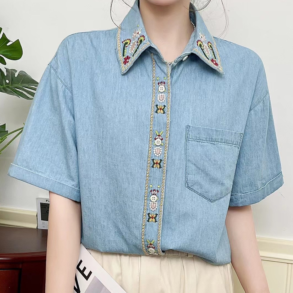 夏装 刺绣水洗牛仔短袖衬衫女 日系文艺范可爱减龄单排扣上衣