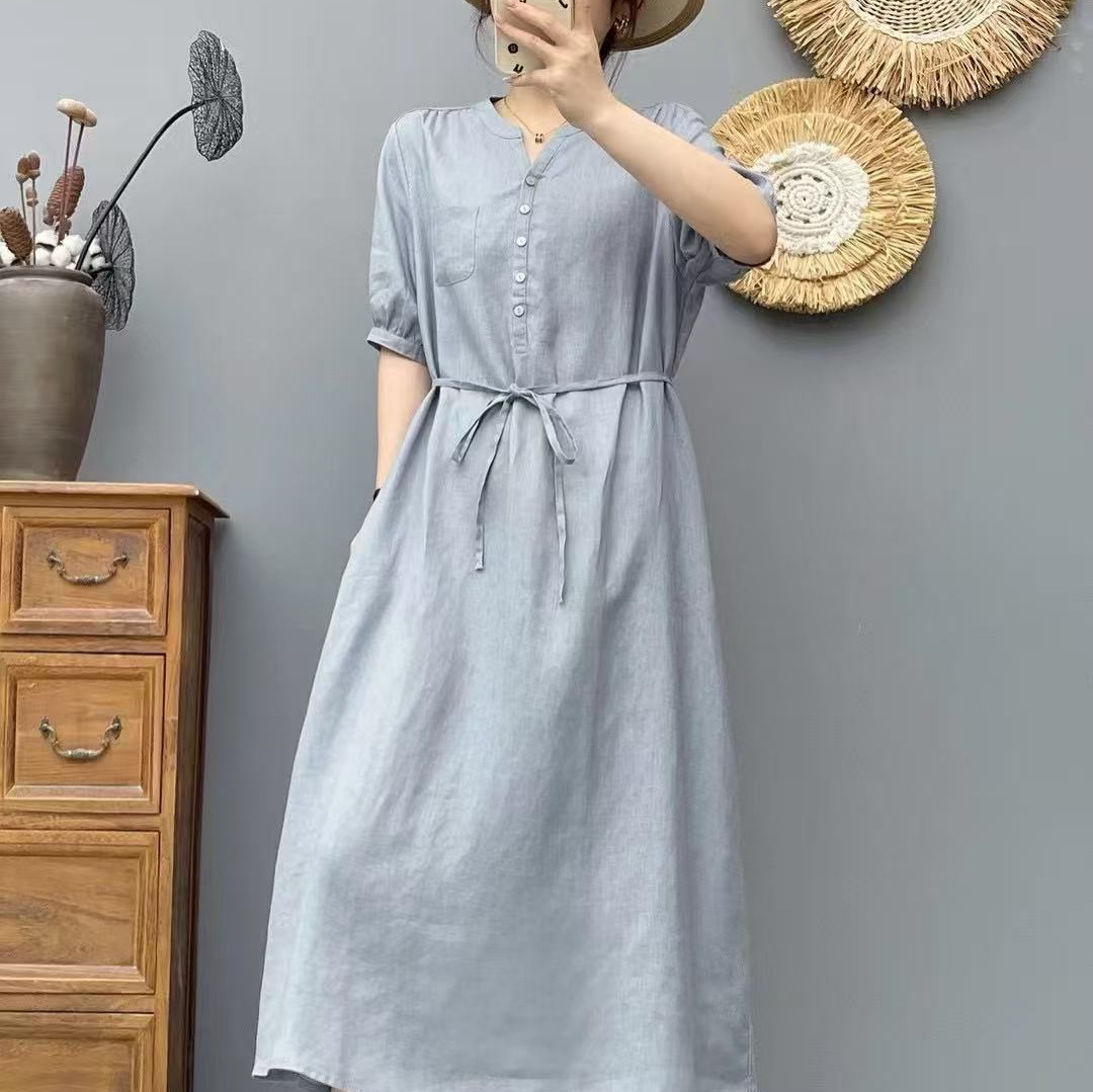 26 Summer Style Linen Dress for Women, Loose Casual Korean Style V-Neck New Thin Dress, Mid-Length Skirt