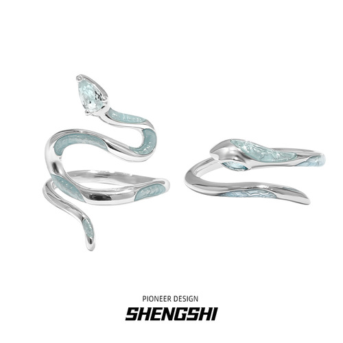 Original ice blue snake courtyard ring for women with niche personality, versatile opening, high-end cold style ring jewelry
