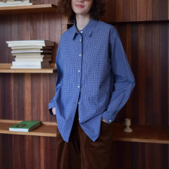Iu系 '格クラシックフレンチレトロ2色ブルーチェック柄シンプル早秋長袖シャツ
