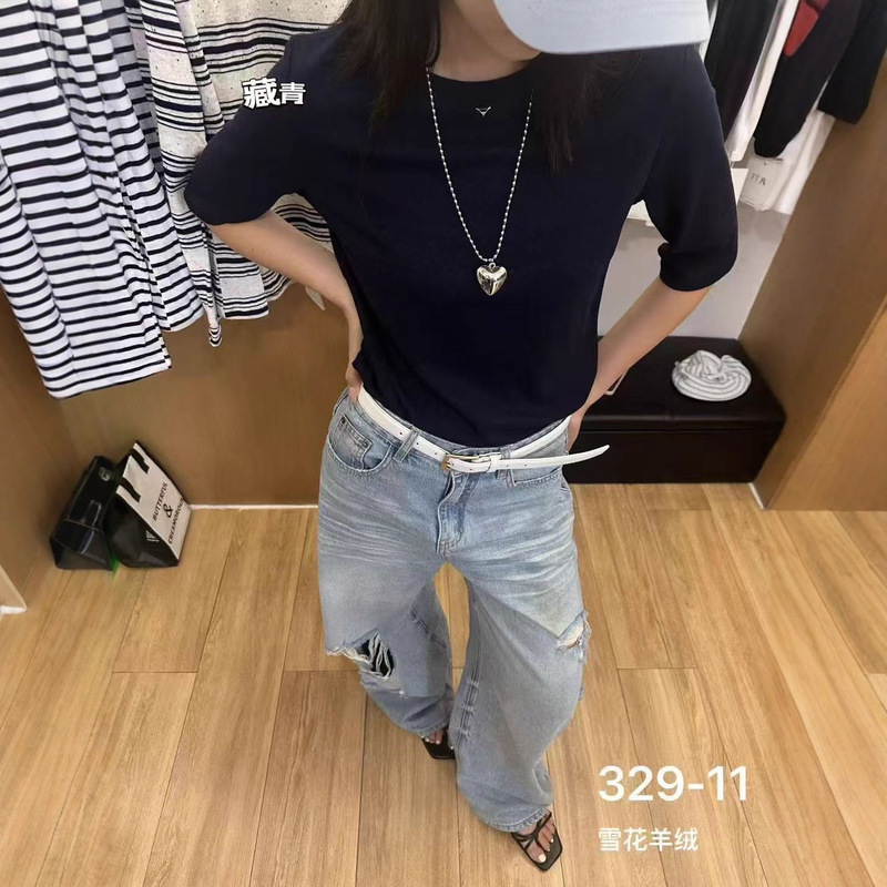 秋季新品羊绒棉小圆领中袖打底衫女修身半袖上衣基础百搭T恤|undefined