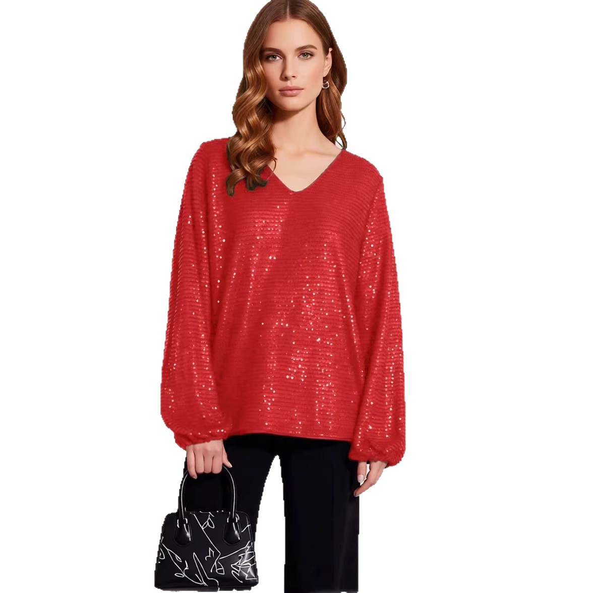 Women's Elegant Loose Fit Long Sleeve V Neck Sequin Tunic Top – Solid Color Glitter Layering Tee_voghion.com
