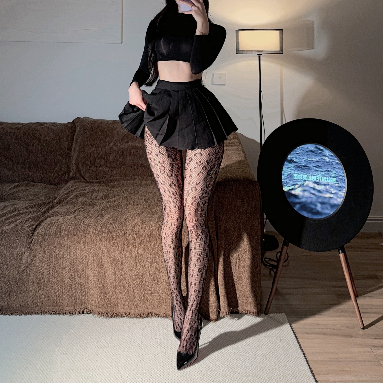 Sexy Lace Long Tube One-Piece Over-The-Knee Ultra-Thin Black Fetish Hw Leopard Print 01 Open-Crotch