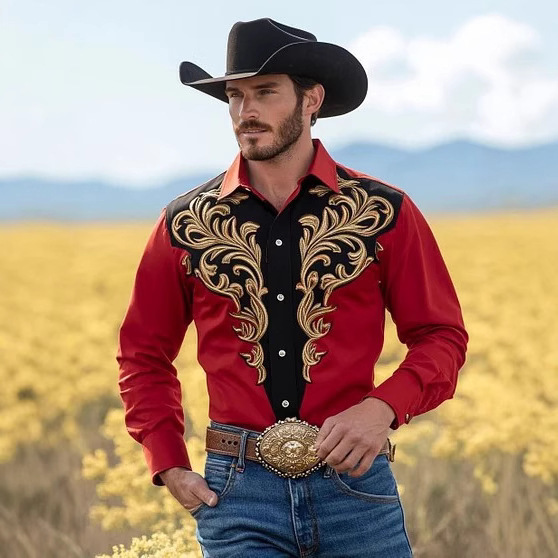 Cross-Border 2025 New Men's Shirt American Retro Western Large Size Loose Cardigan Casual Shirt Men's Long Sleeves