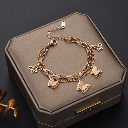 Korean minimalist rose gold double sand-blasted butterfly titanium steel bracelet, INSRARE design, exquisite double-layer women's bracelet