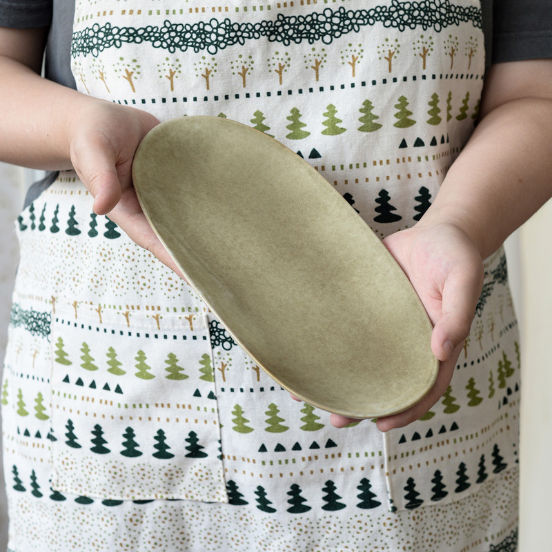 『Forest Green』Small Oval Retro Ceramic Plate Home Dish Plate High-Looking Creative Plate Irregular Fish Plate