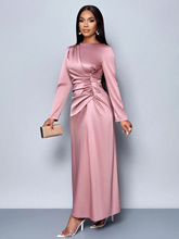 欧美跨境外贸2025新款纯色高级感缎面连衣裙时尚优雅气质轻晚礼裙