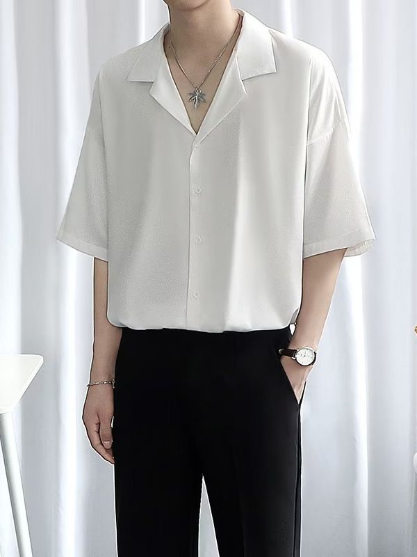 Camisa de drapeado de seda de hielo de cuello cubano de color sólido Camisa de manga corta suelta de alto grado para hombres Camisa de media manga delgada de viento maduro ligero