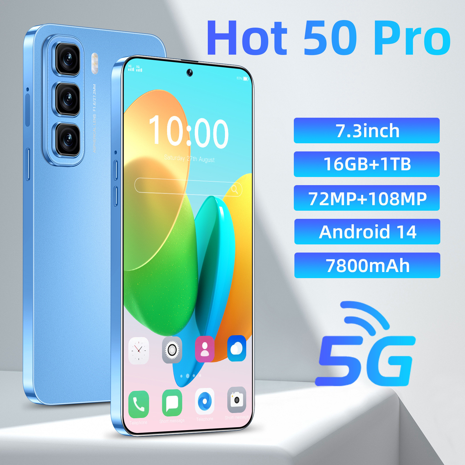 Cross-Border Popular Smartphone Hot 50 Pro Cross-Border 5g Mobile Phone 7.3 Large Screen 16+1Tb Source Factory