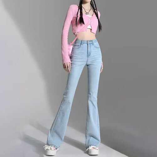 Light-colored micro-ragged jeans for women's new spring and summer tall, lengthened, high-waist, slimming, mopping horseshoe bell bottoms