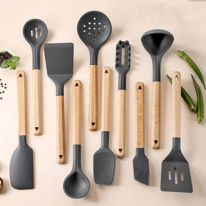 菱形榉木手柄烹饪套裝食品級矽膠10件套廚具不粘鍋專用廚具耐高溫