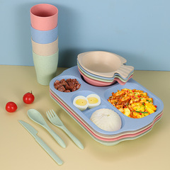 跨境 小麥秸稈4人份學生分格餐盤魚形餐碗水杯刀叉勺餐具24件套裝