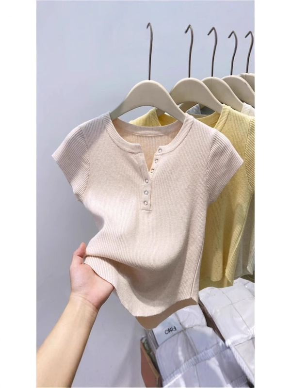 Vネックセーター半袖Tシャツレディース2025夏新デザインスリムフィットショート万能ボトムストップ|undefined