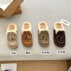 河南桑坡2025新款泰迪羊卷毛拖软乳胶底复古流苏彩绣半拖毛毛舒适