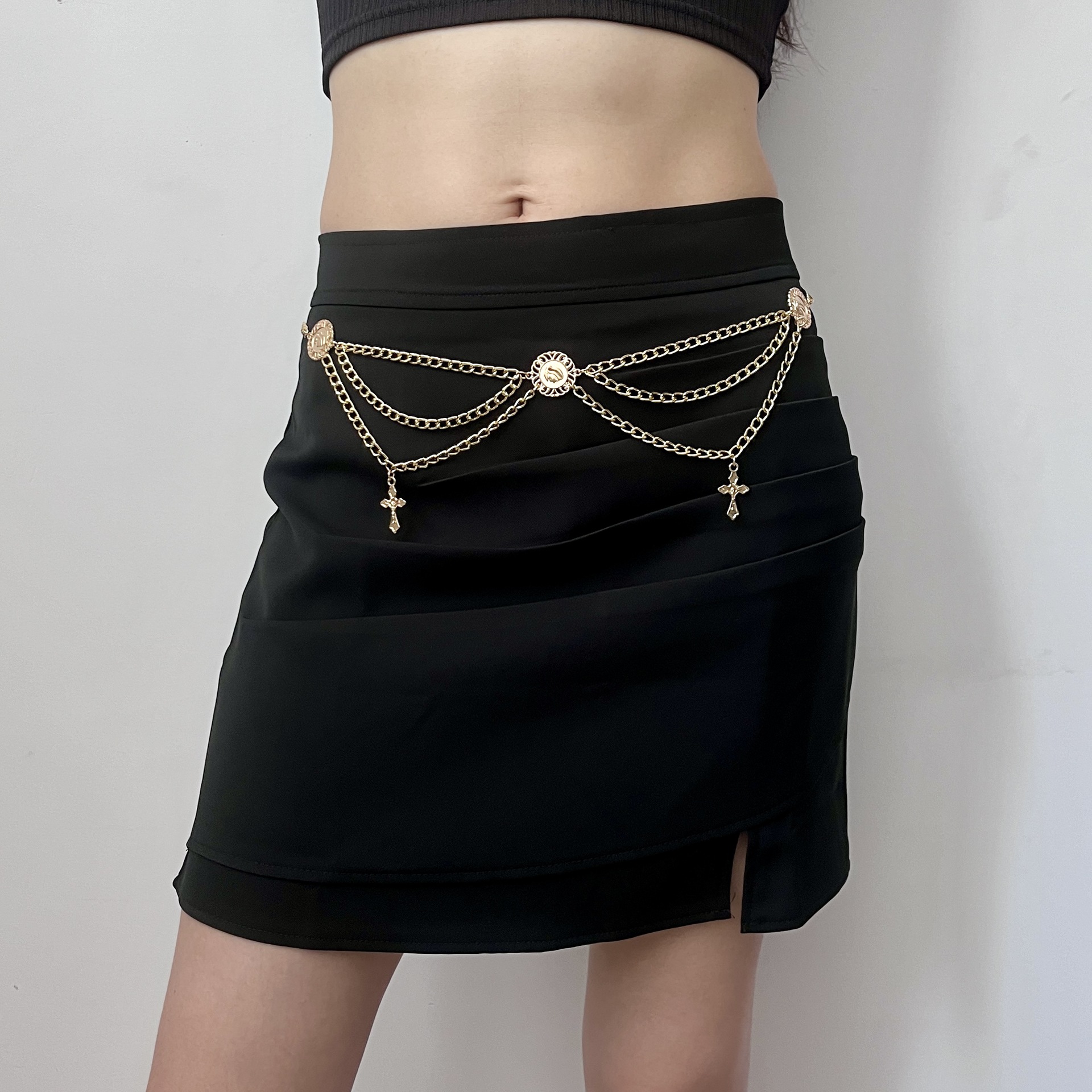 Europe and America Cross border Retro Geometry Faceplate cross Waist chain personality Metal cross sexy tassels Waist chain