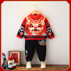 Children's sweater 2024 new children's clothing unisex boy girl knitted sweater zodiac new year's greeting dress embroidered woolen top