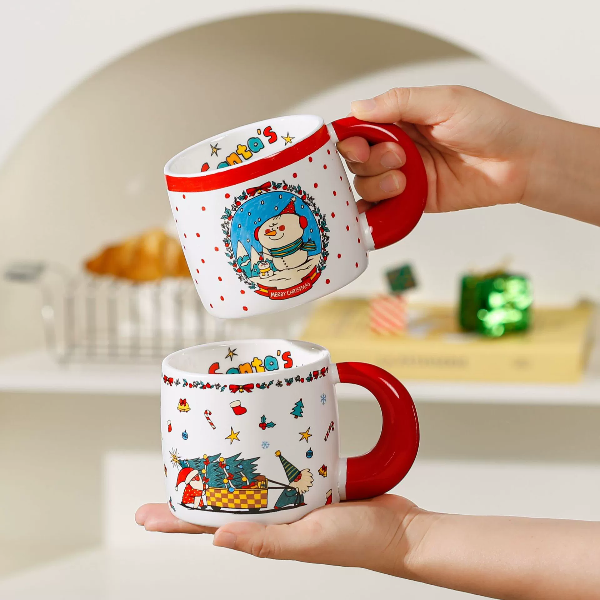 Christmas ceramic tea cup, capacious high quality handle, for beloved, Birthday gift