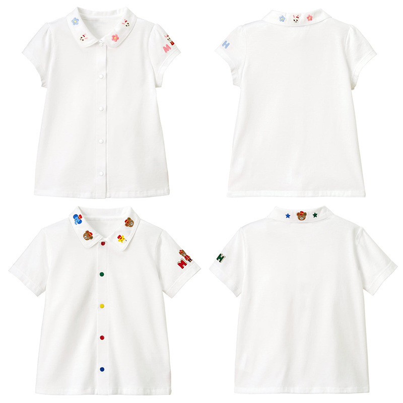 Children's Clothing Summer Boys and Girls Cartoon Bear and Rabbit Best Friends Embroidered Short-Sleeved Shirts with Inner Shirts for Delivery