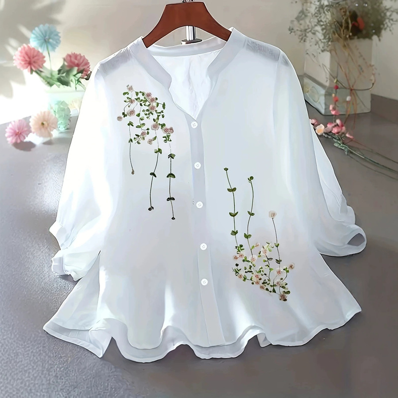 2021 Summer New plus size Women's Loose Slimming Casual Embroidered Floral Style Western Style Shirt Women's Top 2021 Summer New plus size Women's Loose Slimming Casual Embroidered Floral Style Western Style Shirt Women's Top