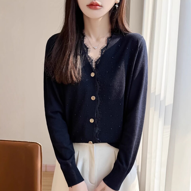 New fine-knit cardigan, wool lace sweater, V-neck, spring/autumn, sequined long sleeves, loose fit, dark gray