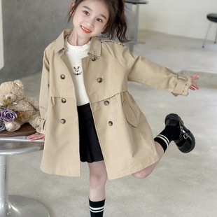 Girls' Windbreaker Jacket Autumn 2024 New Children's British Style Double-Breasted Coat for Baby Girls, Mid-Length