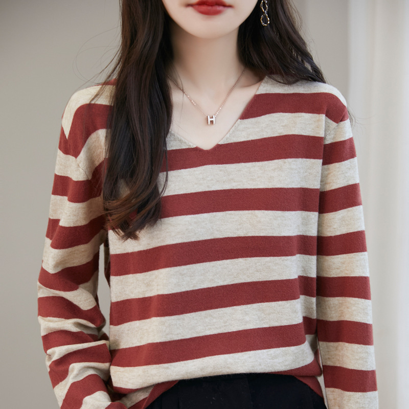 Cross-Border Striped Sweater Long-Sleeved Women's V Neck Knitted Bottoming Shirt Autumn and Winter New Pullover Loose Large Size Casual Top
