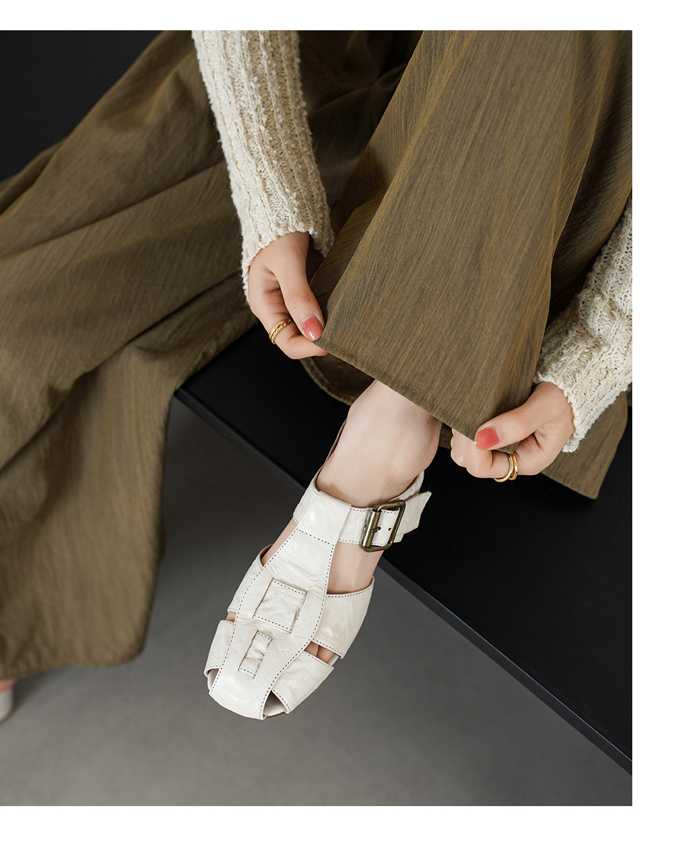 Dép sandal nữ quai dệt da cừu, đế La Mã thô, gót 4.5 cm — Màu caramel chi tiết 4