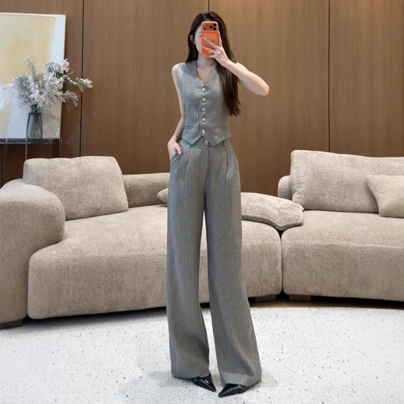 Gold Silk Linen Tencel Commuter Fashion Suit Vest Top Nanyou Women's Summer High-Waisted Wide-Leg Slimming Suit Pants Set
