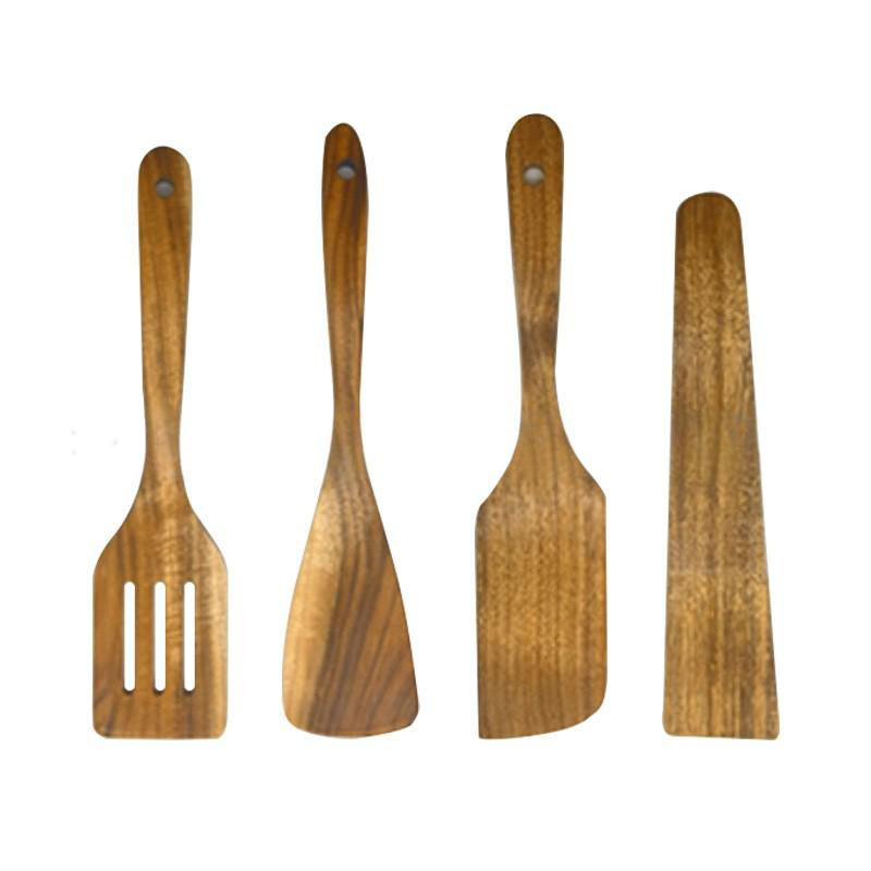 Set de madera de teca horquilla de madera sólida horquilla antiadherente horquilla de madera de acacia cocina utensilios de cocina de mango largo horquilla de verduras pala de cocina conjunto de varias piezas
