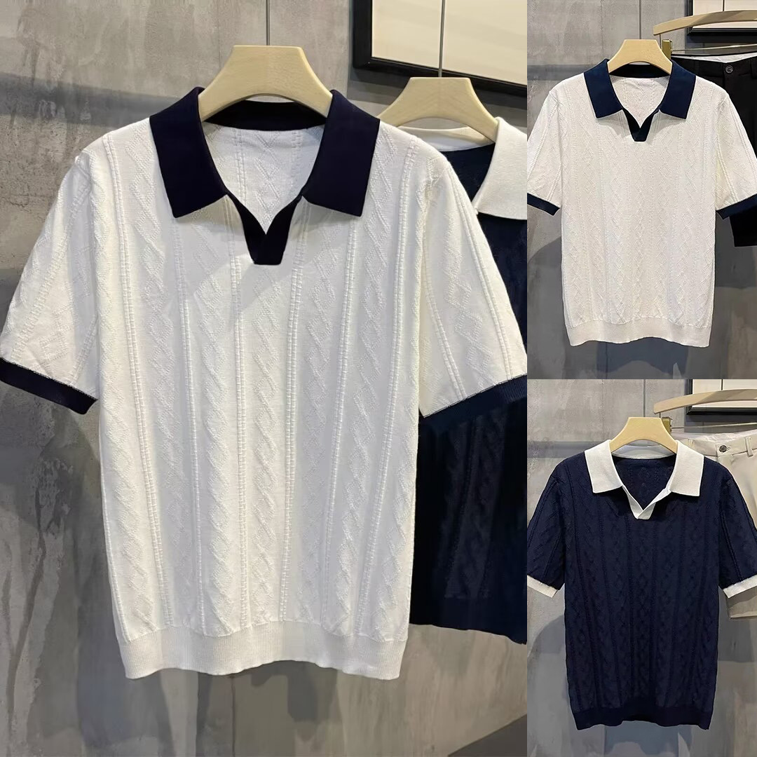 Polo camiseta de punto camiseta de manga corta hombre cuello en V cuello gaviota color de textura vieja camiseta de viento de verano fábrica transfronteriza al por mayor