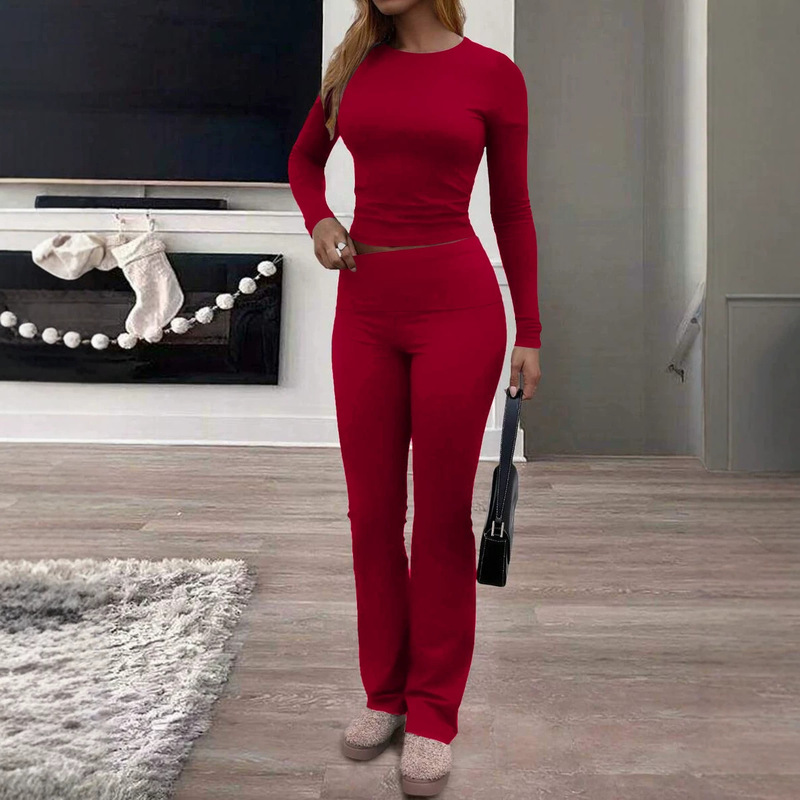 European and American cross-border Amazon women's modal ribbed slim-fit casual round-neck long-sleeve pants set European and American cross-border Amazon women's modal ribbed slim-fit casual round-neck long-sleeve pants set