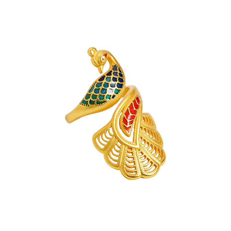 Antigua ley vietnamita oro de arena retro estilo nacional esmalte de color pavón anillo de mujer ligero lujo no se desvanecerá joyas fuente